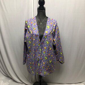Life Scrub Top Womens Size Large Purple Cute Bugs Long Sleeve Snap Front Medical